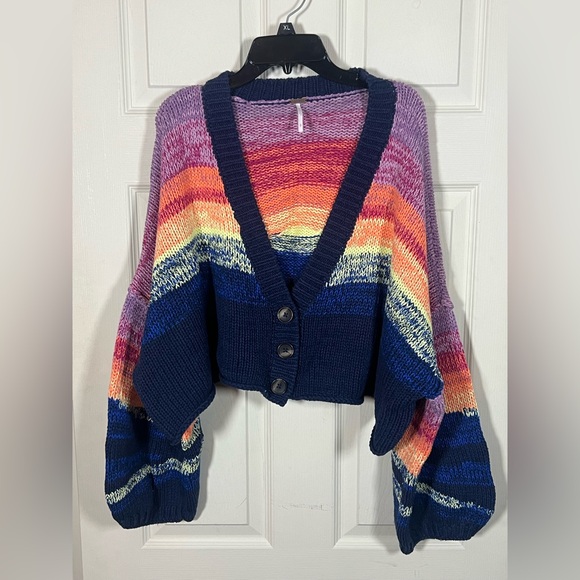 Free People Sweaters - Free People Cropped Rainbow Oversized Striped Women's Button Cardigan Sweater